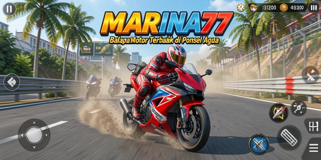 Screenshot utama MARINA77 menampilkan aksi balapan motor yang mendebarkan.